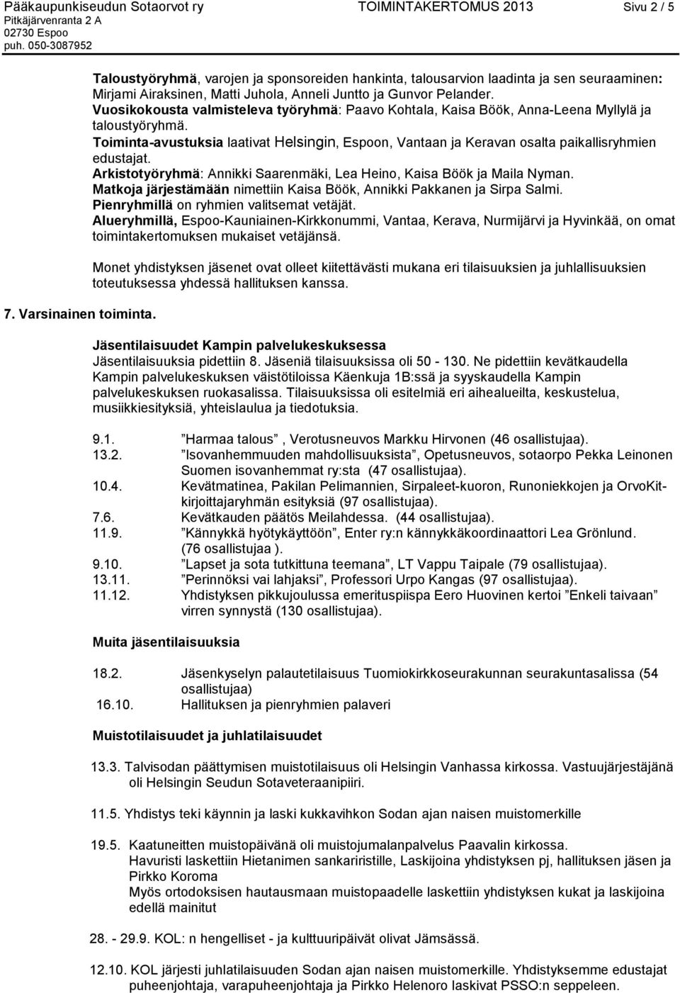 Vuosikokousta valmisteleva työryhmä: Paavo Kohtala, Kaisa Böök, Anna-Leena Myllylä ja taloustyöryhmä.