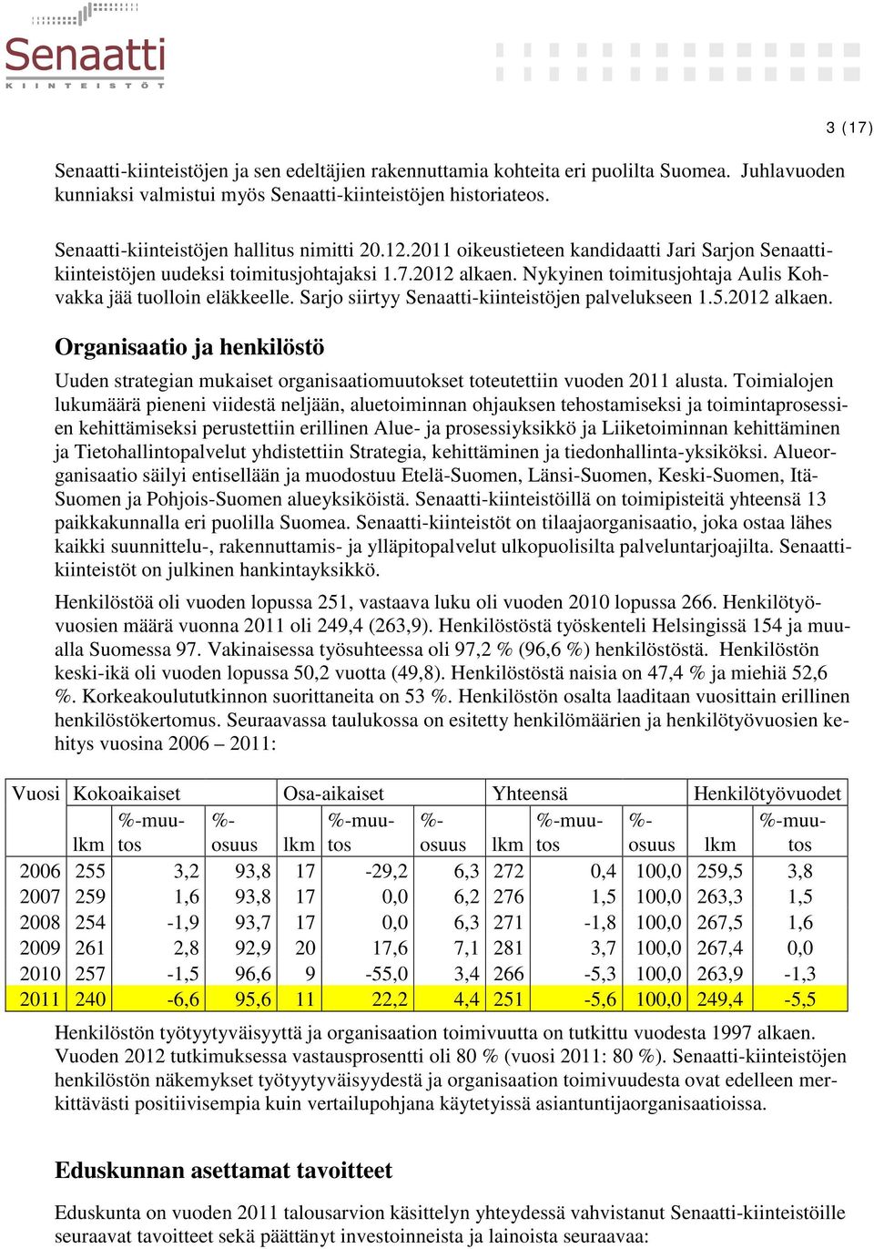 Nykyinen toimitusjohtaja Aulis Kohvakka jää tuolloin eläkkeelle. Sarjo siirtyy Senaatti-kiinteistöjen palvelukseen 1.5.2012 alkaen.