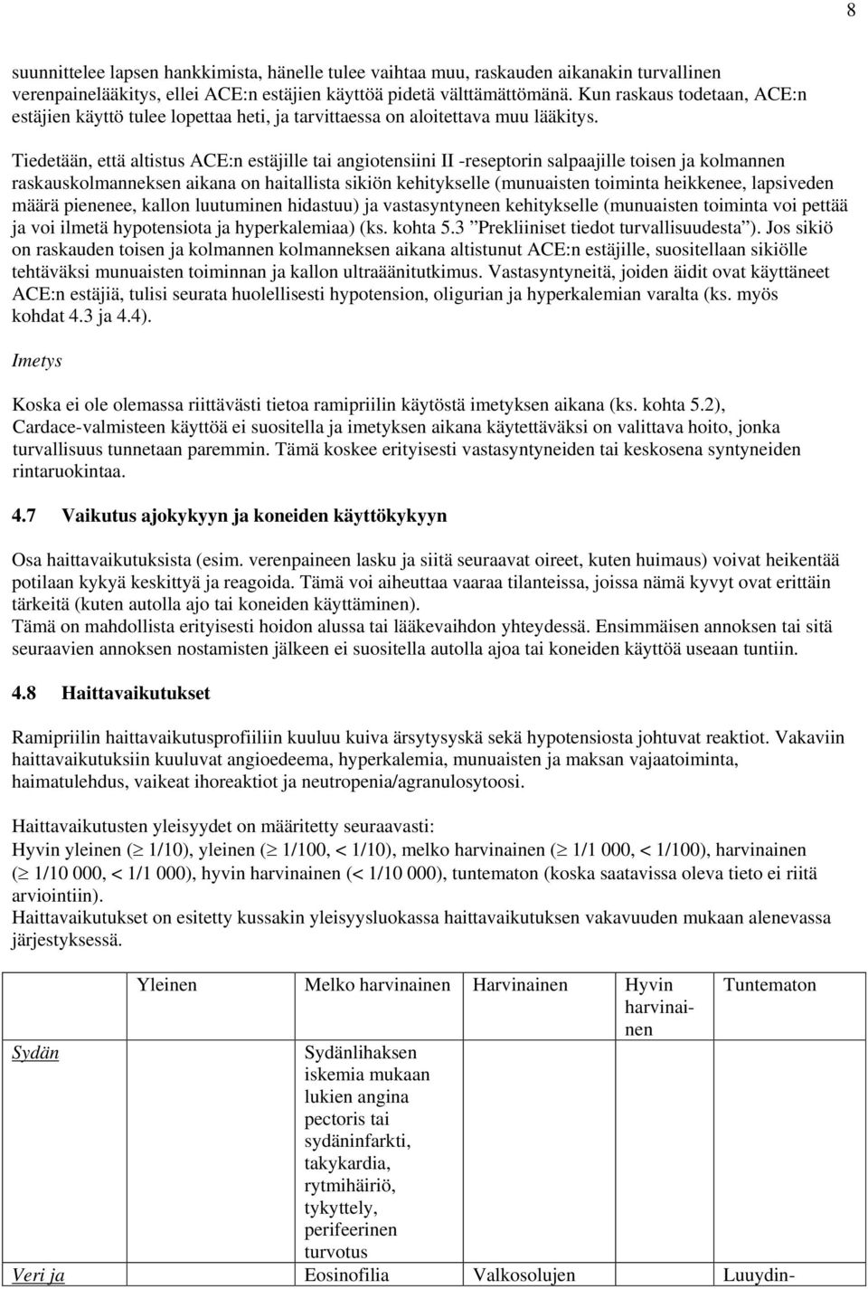 Tiedetään, että altistus ACE:n estäjille tai angiotensiini II -reseptorin salpaajille toisen ja kolmannen raskauskolmanneksen aikana on haitallista sikiön kehitykselle (munuaisten toiminta heikkenee,