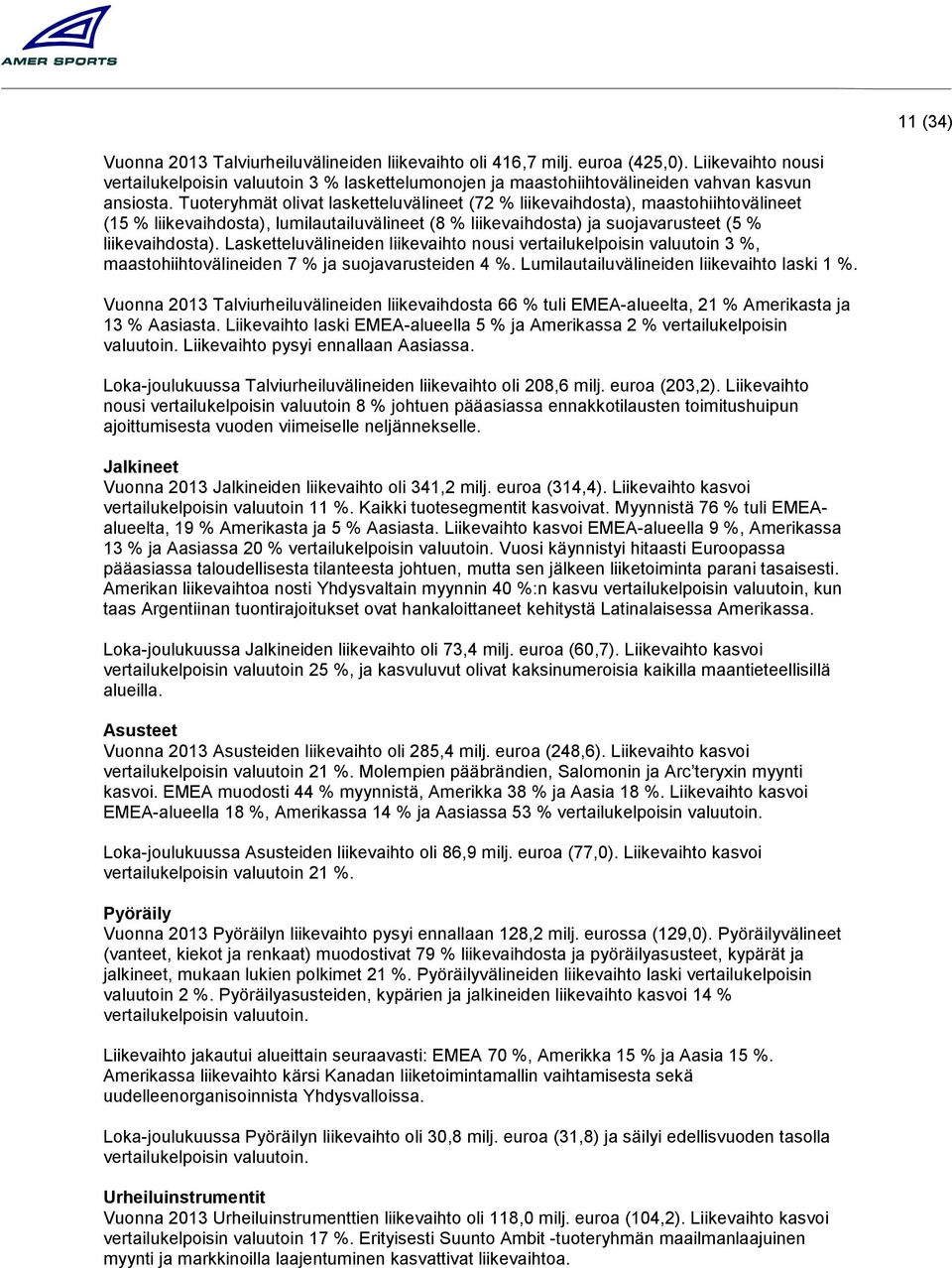 Tuoteryhmät olivat lasketteluvälineet (72 liikevaihdosta), maastohiihtovälineet (15 liikevaihdosta), lumilautailuvälineet (8 liikevaihdosta) ja suojavarusteet (5 liikevaihdosta).