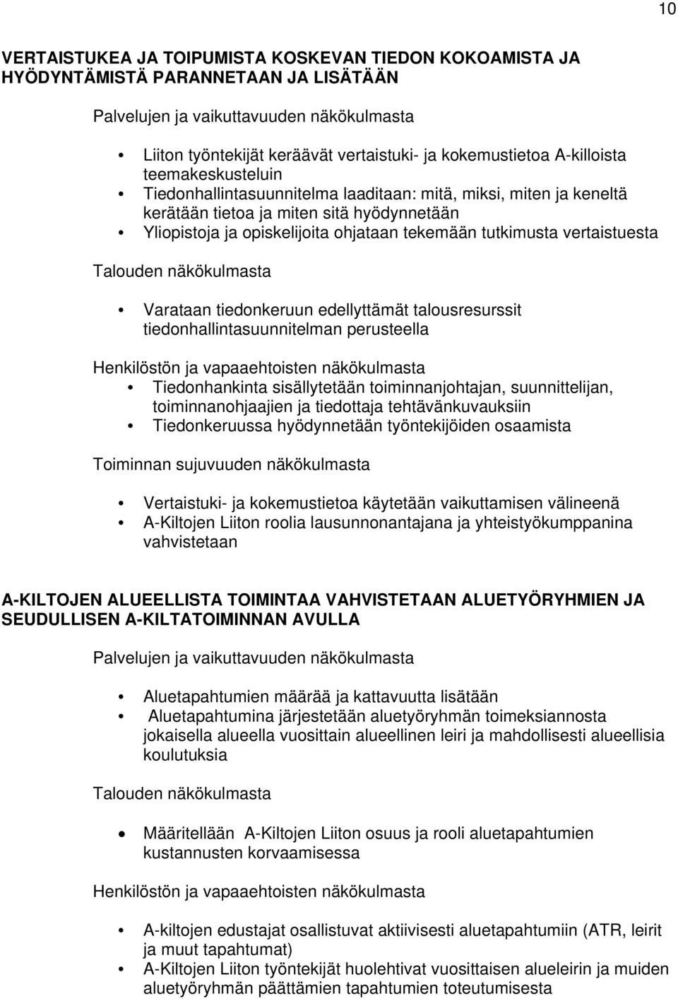 vertaistuesta Talouden näkökulmasta Varataan tiedonkeruun edellyttämät talousresurssit tiedonhallintasuunnitelman perusteella Henkilöstön ja vapaaehtoisten näkökulmasta Tiedonhankinta sisällytetään