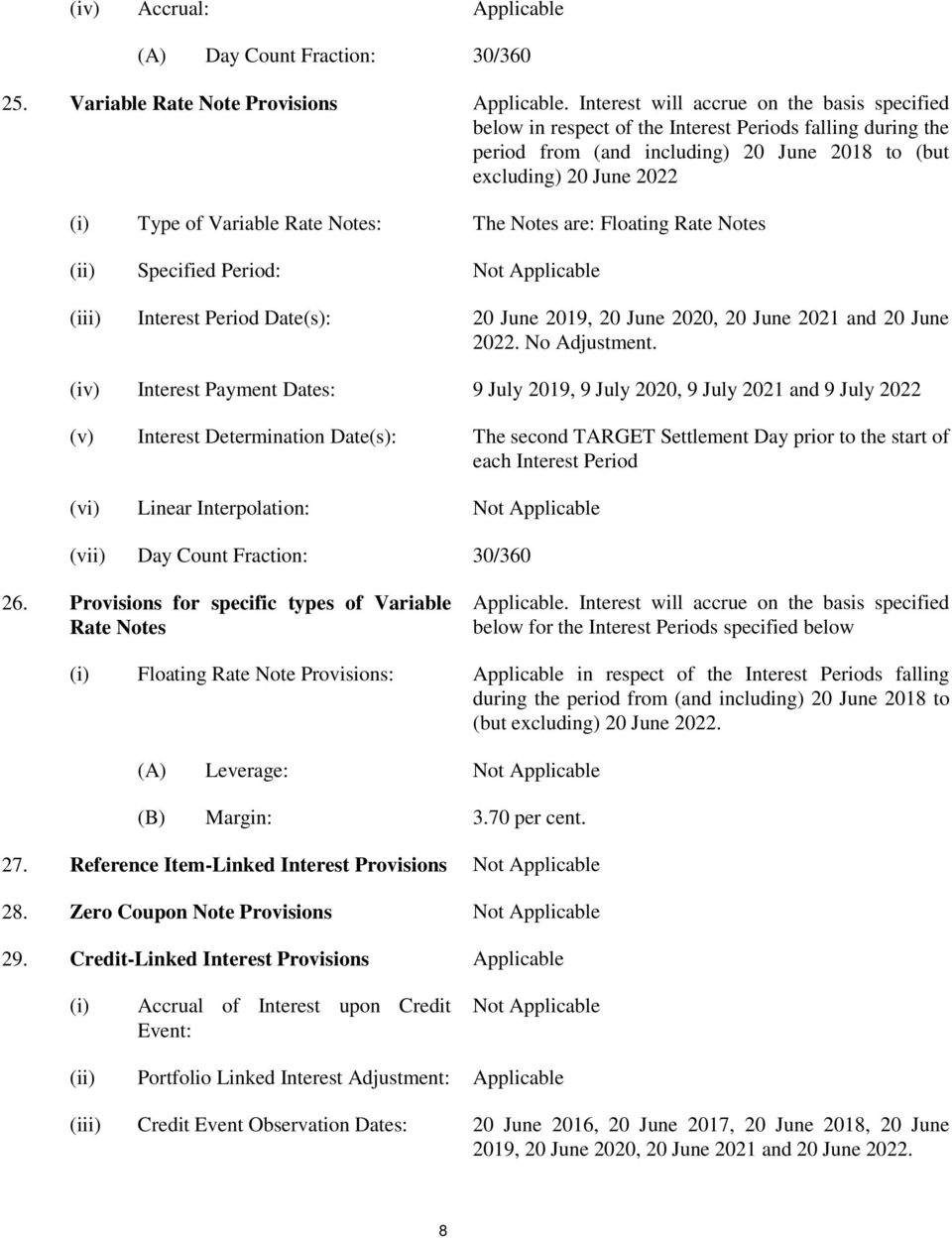 Rate Notes: The Notes are: Floating Rate Notes (ii) Specified Period: (iii) Interest Period Date(s): 20 June 2019, 20 June 2020, 20 June 2021 and 20 June 2022. No Adjustment.