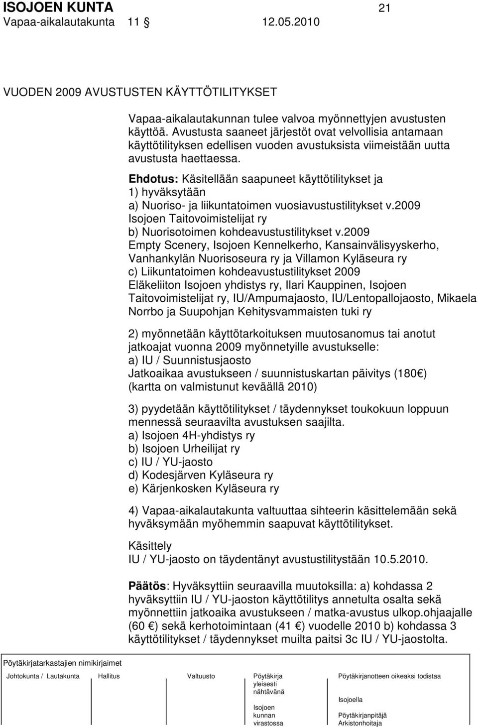 Ehdotus: Käsitellään saapuneet käyttötilitykset ja 1) hyväksytään a) Nuoriso- ja liikuntatoimen vuosiavustustilitykset v.2009 Taitovoimistelijat ry b) Nuorisotoimen kohdeavustustilitykset v.