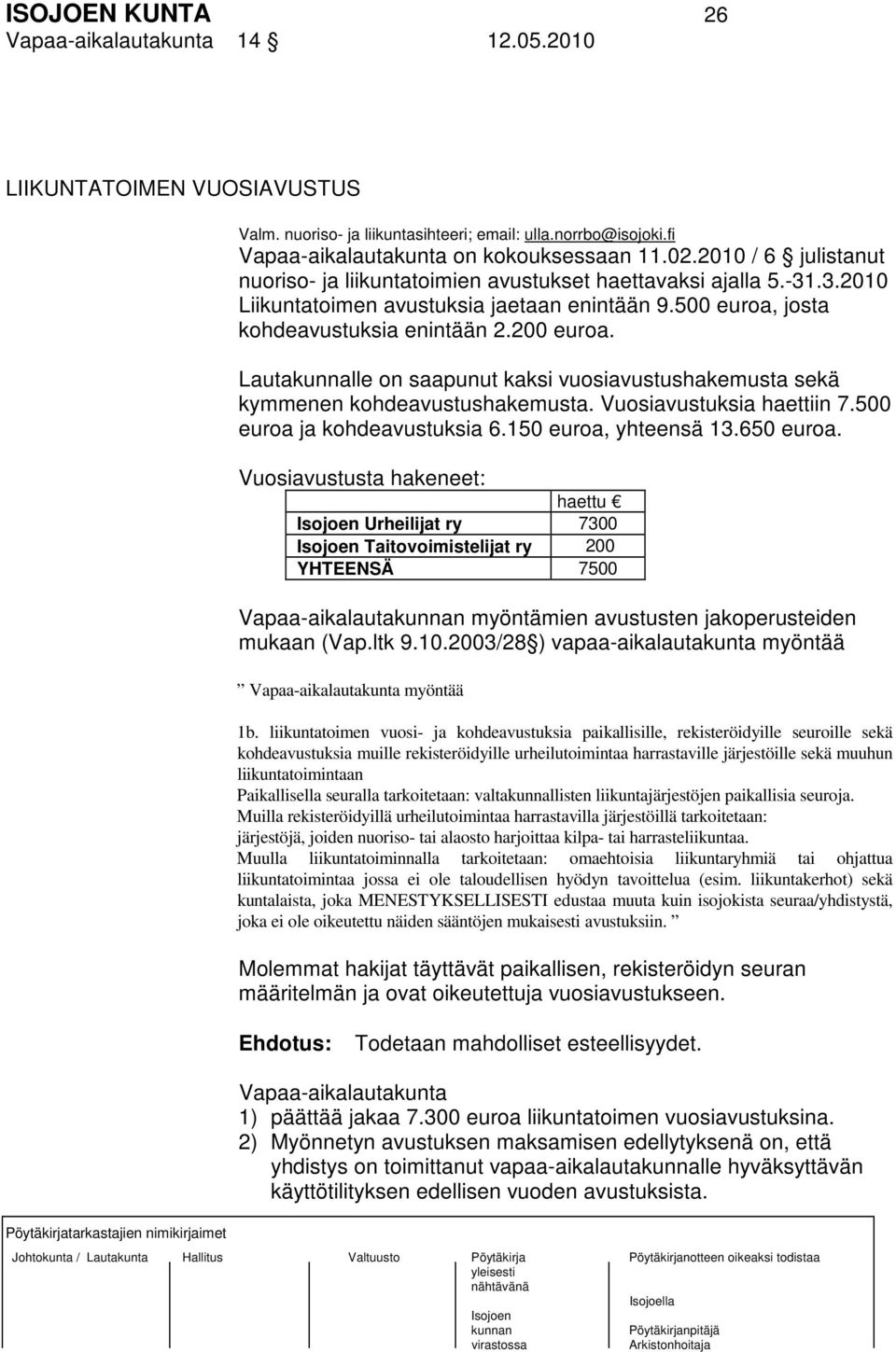 Lautakunnalle on saapunut kaksi vuosiavustushakemusta sekä kymmenen kohdeavustushakemusta. Vuosiavustuksia haettiin 7.500 euroa ja kohdeavustuksia 6.150 euroa, yhteensä 13.650 euroa.