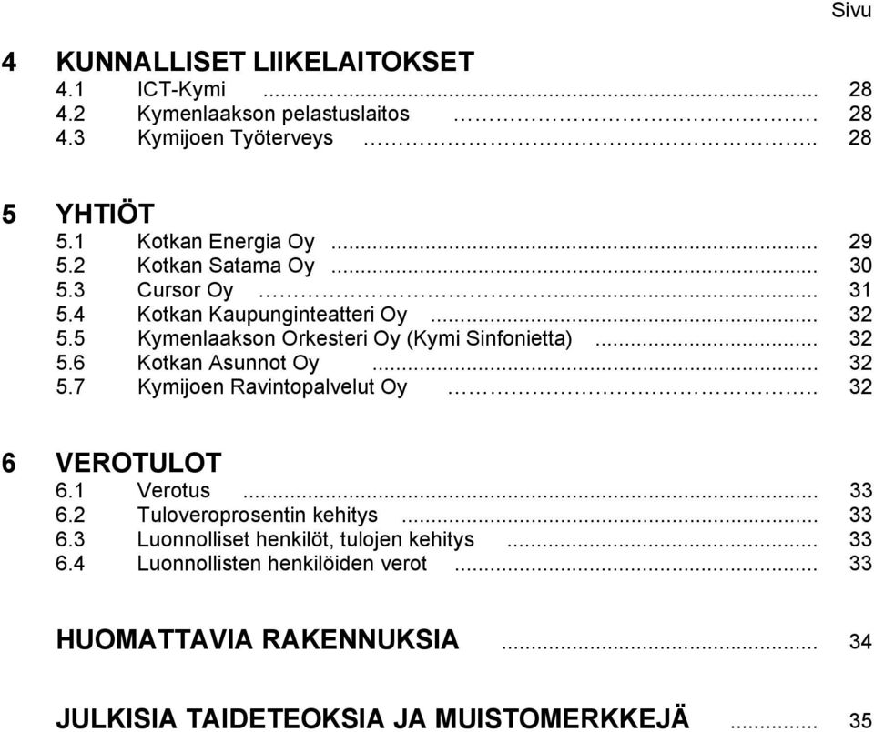 5 Kymenlaakson Orkesteri Oy (Kymi Sinfonietta)... 32 5.6 Kotkan Asunnot Oy... 32 5.7 Kymijoen Ravintopalvelut Oy.. 32 6 VEROTULOT 6.1 Verotus... 33 6.