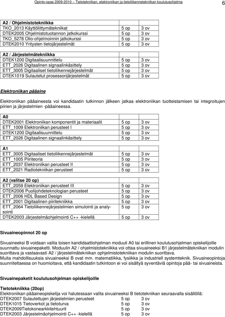 ov DTEK1019 Sulautetut prosessorijärjestelmät 5 op 3 ov Elektroniikan pääaine Elektroniikan pääaineesta voi kandidaatin tutkinnon jälkeen jatkaa elektroniikan tuotteistamisen tai integroitujen