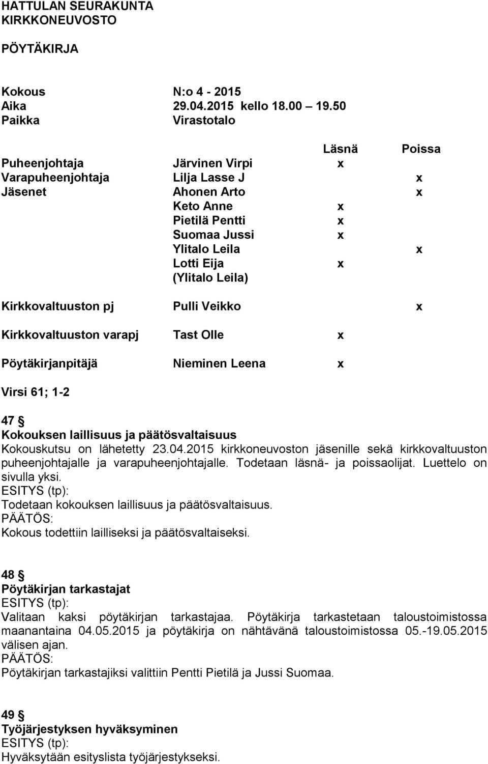 Kirkkovaltuuston pj Pulli Veikko Kirkkovaltuuston varapj Tast Olle Pöytäkirjanpitäjä Nieminen Leena Virsi 61; 1-2 47 Kokouksen laillisuus ja päätösvaltaisuus Kokouskutsu on lähetetty 23.04.