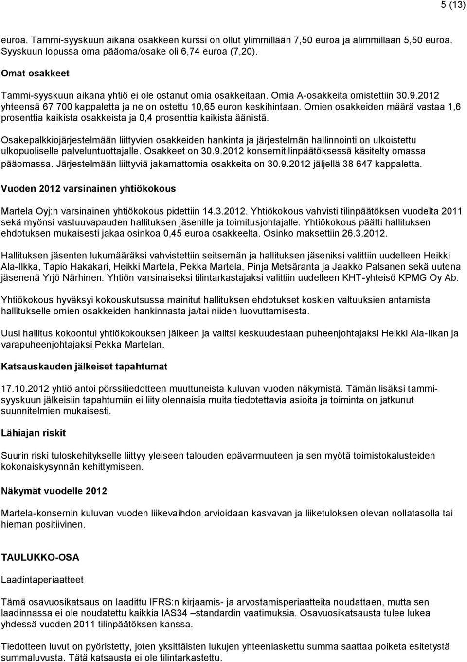 Omien osakkeiden määrä vastaa 1,6 prosenttia kaikista osakkeista ja 0,4 prosenttia kaikista äänistä.