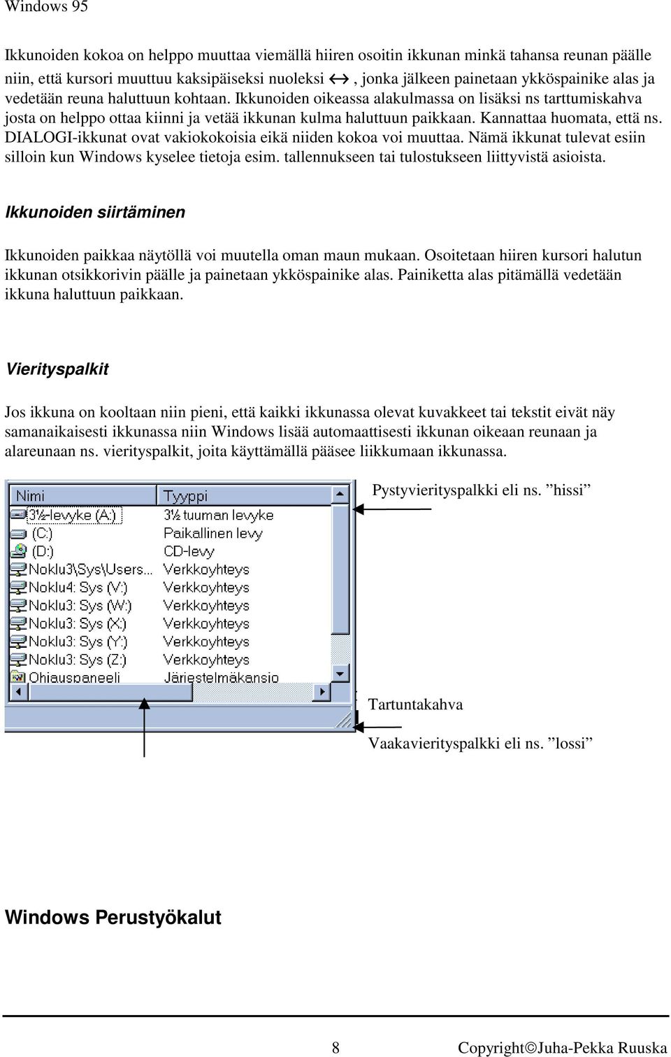 DIALOGI-ikkunat ovat vakiokokoisia eikä niiden kokoa voi muuttaa. Nämä ikkunat tulevat esiin silloin kun Windows kyselee tietoja esim. tallennukseen tai tulostukseen liittyvistä asioista.