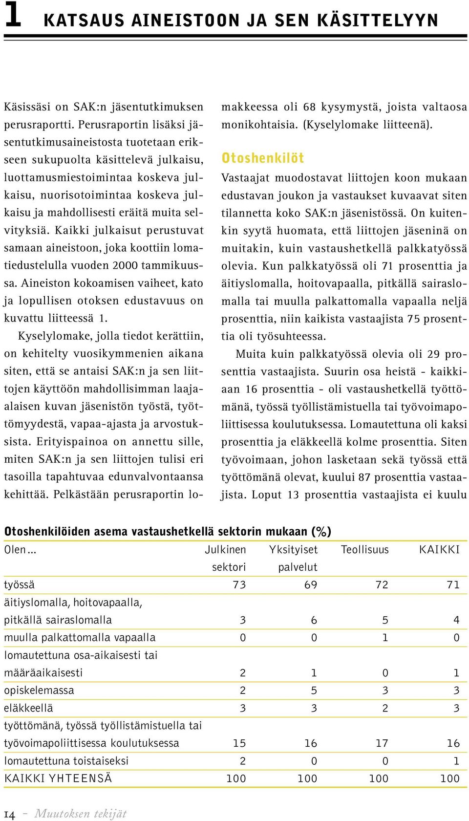 muita selvityksiä. Kaikki julkaisut perustuvat samaan aineistoon, joka koottiin lomatiedustelulla vuoden 2000 tammikuussa.