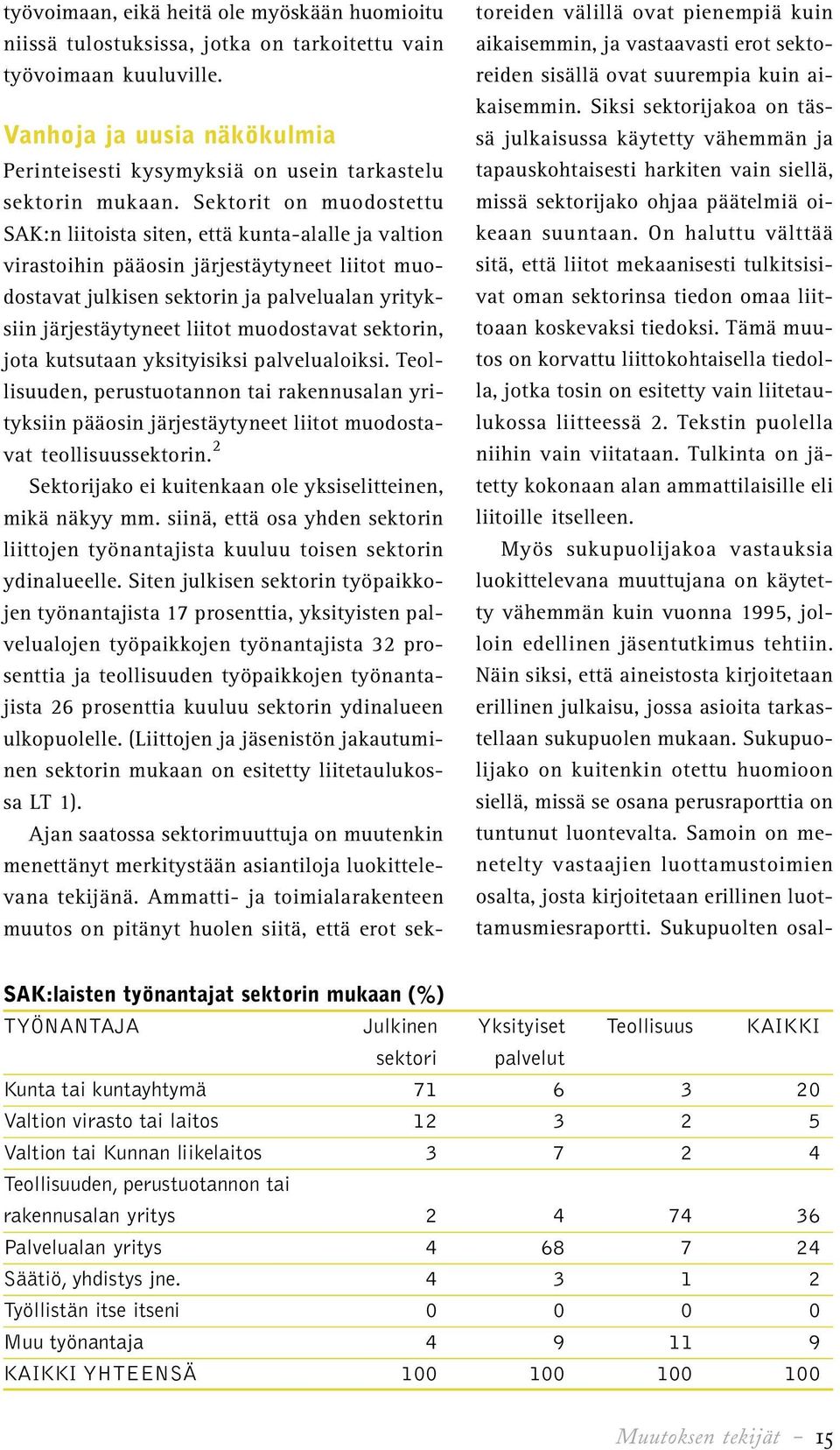 Sektorit on muodostettu SAK:n liitoista siten, että kunta-alalle ja valtion virastoihin pääosin järjestäytyneet liitot muodostavat julkisen sektorin ja palvelualan yrityksiin järjestäytyneet liitot