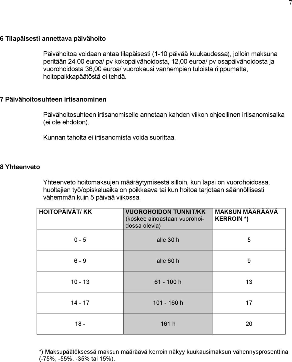 7 Päivähoitosuhteen irtisanominen Päivähoitosuhteen irtisanomiselle annetaan kahden viikon ohjeellinen irtisanomisaika (ei ole ehdoton). Kunnan taholta ei irtisanomista voida suorittaa.