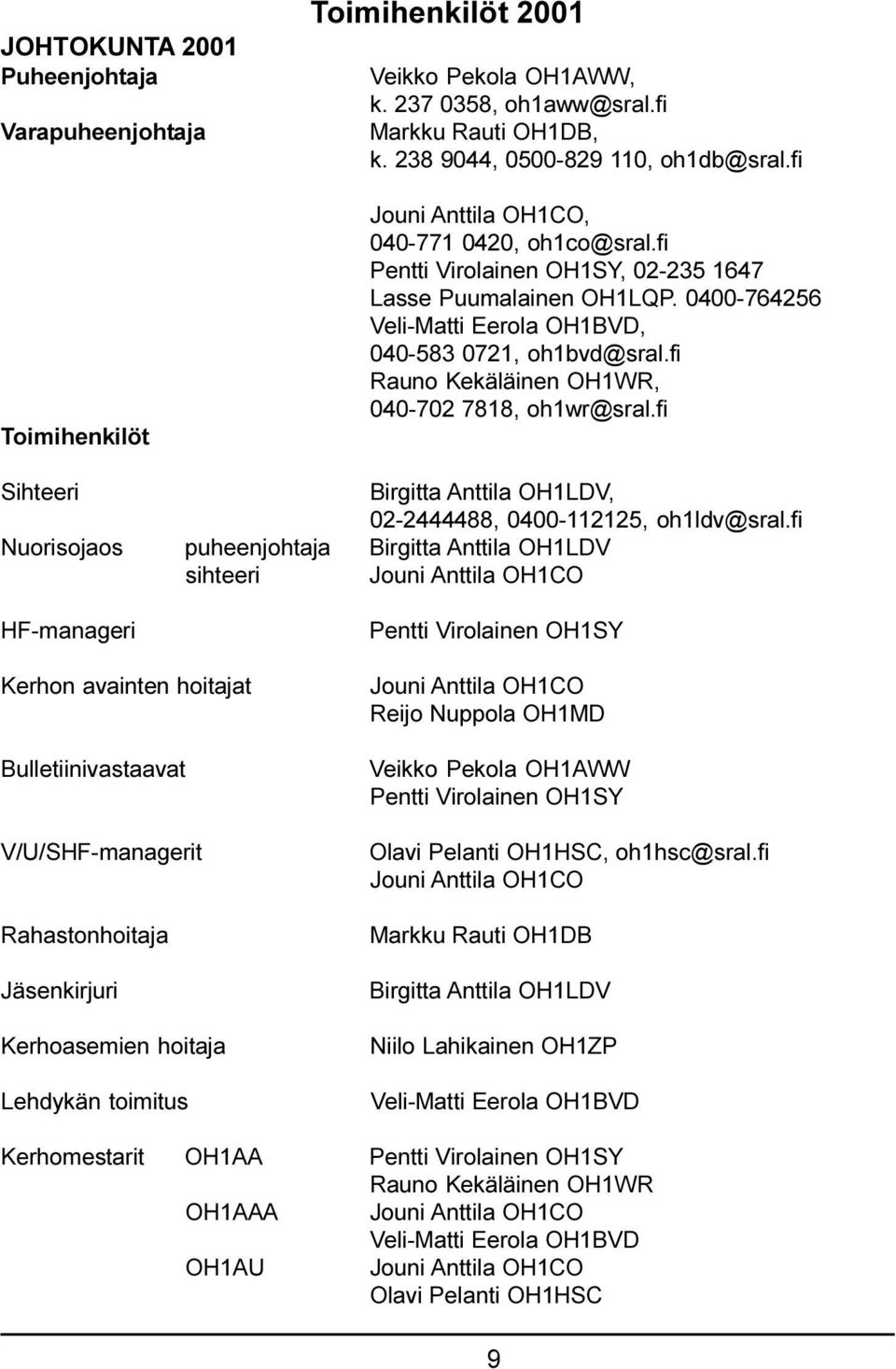 fi Rauno Kekäläinen OH1WR, 040-702 7818, oh1wr@sral.fi Sihteeri Birgitta Anttila OH1LDV, 02-2444488, 0400-112125, oh1ldv@sral.