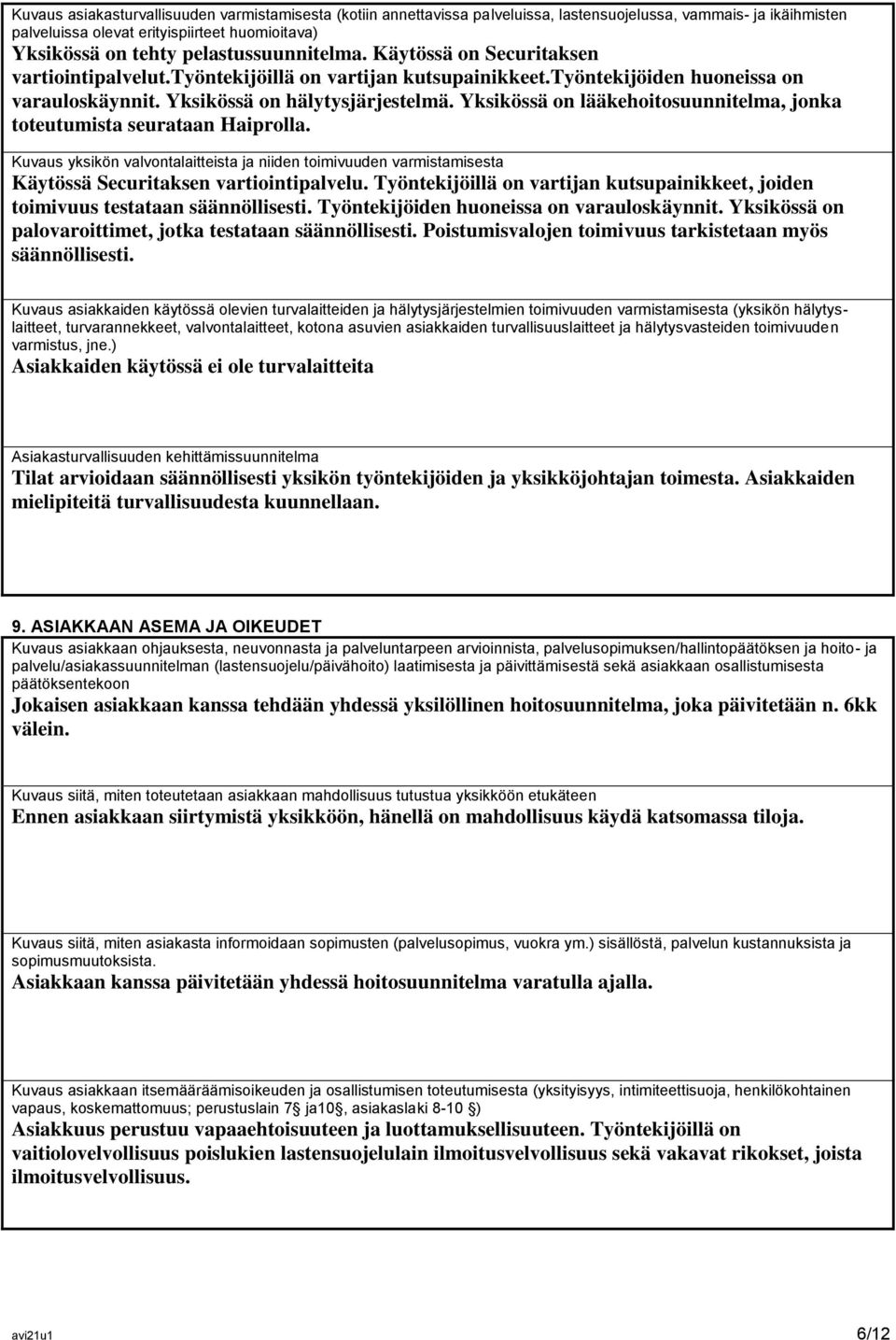 Yksikössä on lääkehoitosuunnitelma, jonka toteutumista seurataan Haiprolla. Kuvaus yksikön valvontalaitteista ja niiden toimivuuden varmistamisesta Käytössä Securitaksen vartiointipalvelu.