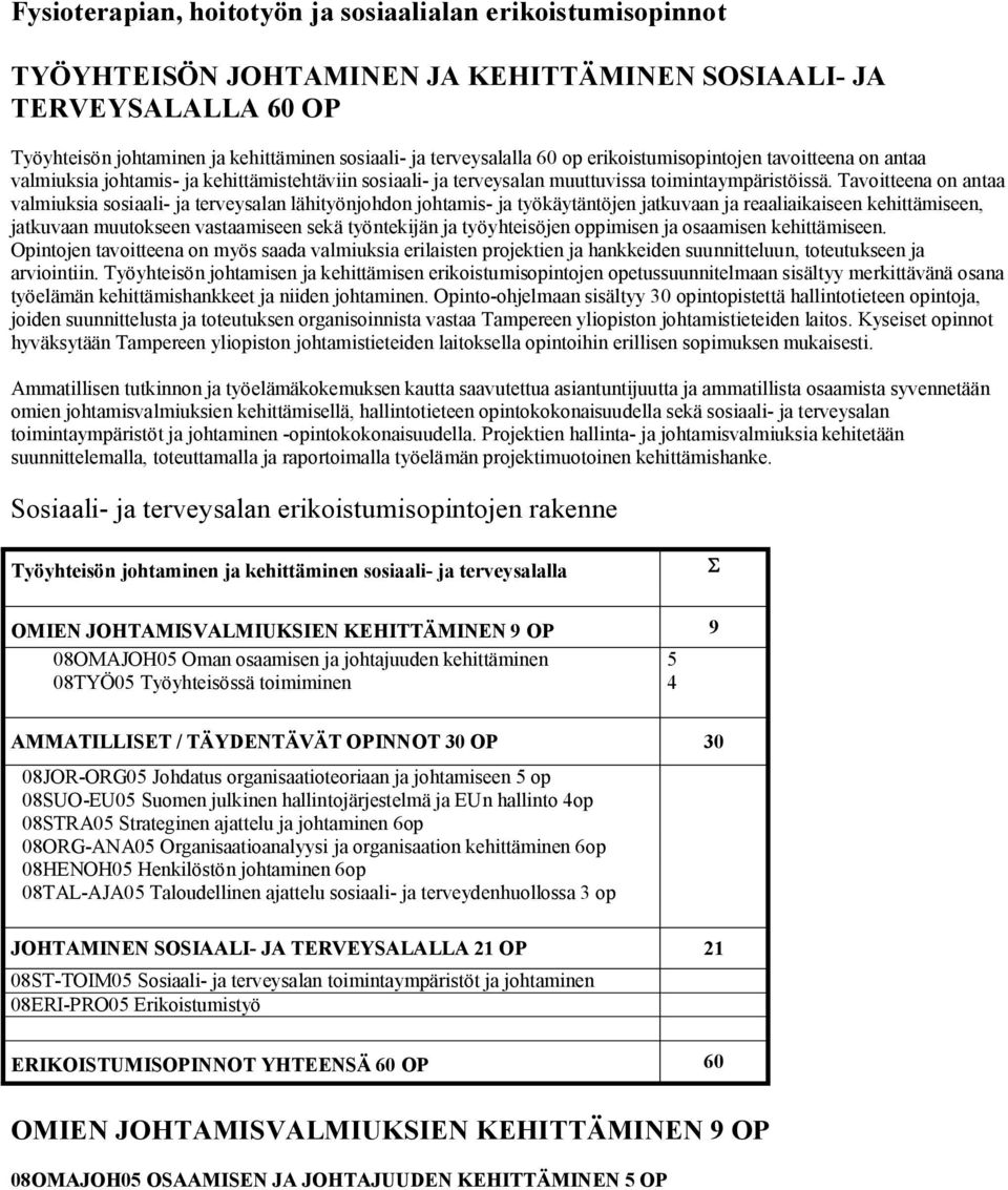 Tavoitteena on antaa valmiuksia sosiaali- ja terveysalan lähityönjohdon johtamis- ja työkäytäntöjen jatkuvaan ja reaaliaikaiseen kehittämiseen, jatkuvaan muutokseen vastaamiseen sekä työntekijän ja