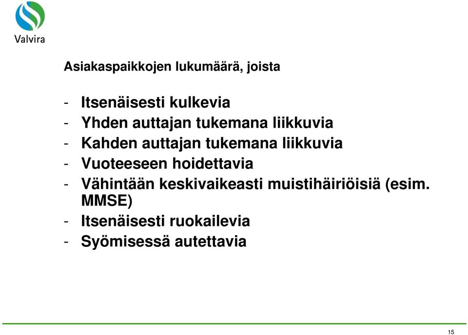 Vuoteeseen hoidettavia - Vähintään keskivaikeasti muistihäiriöisiä