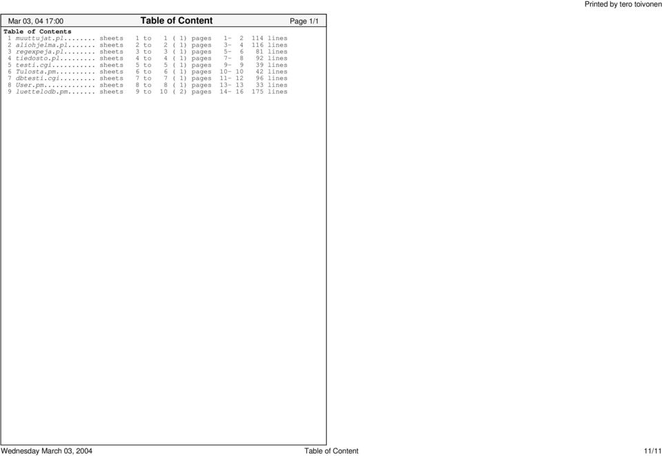 .. sheets 5 to 5 ( 1) pages 9 9 39 lines 6 Tulosta.pm... sheets 6 to 6 ( 1) pages 10 10 42 lines 7 dbtesti.cgi.