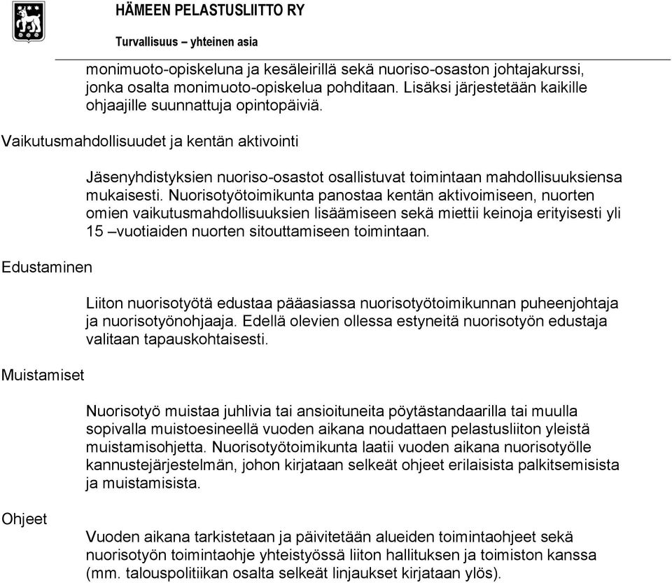 Nuorisotyötoimikunta panostaa kentän aktivoimiseen, nuorten omien vaikutusmahdollisuuksien lisäämiseen sekä miettii keinoja erityisesti yli 15 vuotiaiden nuorten sitouttamiseen toimintaan.