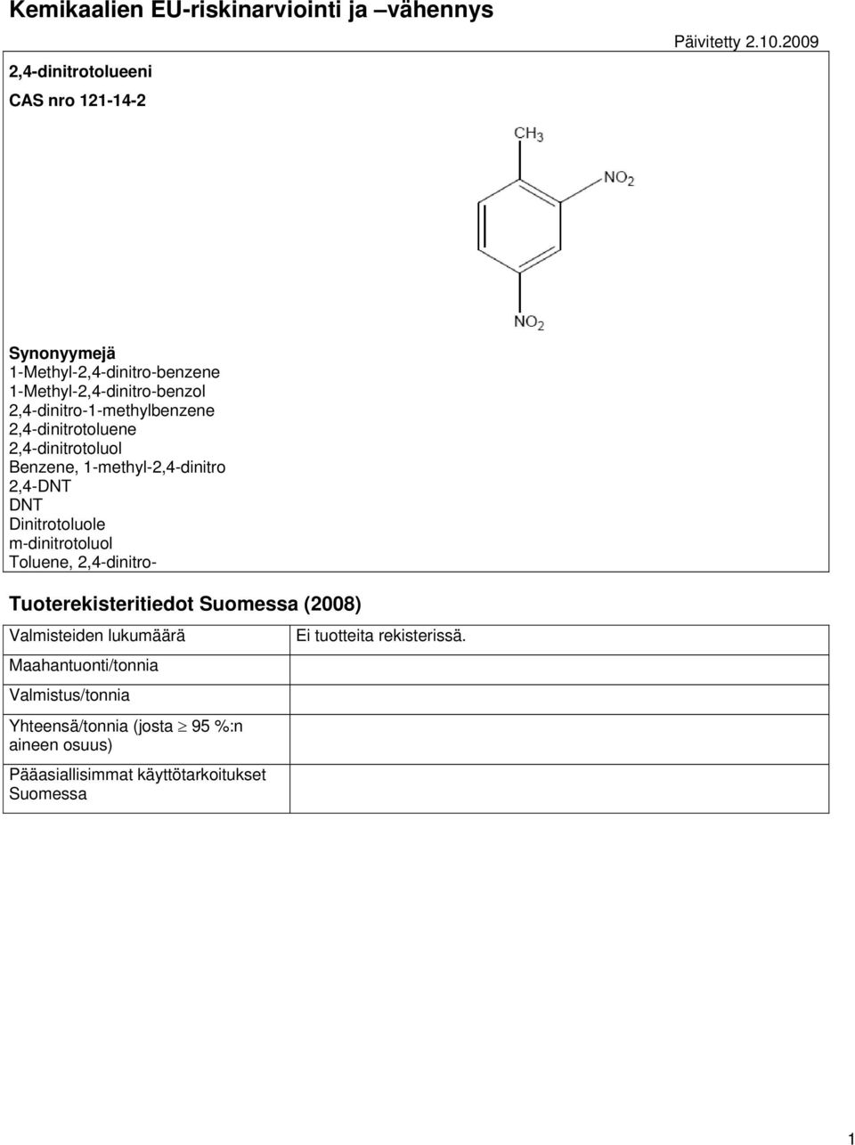 2,4-dinitrotoluol Benzene, 1-methyl-2,4-dinitro 2,4-DNT DNT Dinitrotoluole m-dinitrotoluol Toluene, 2,4-dinitro- Tuoterekisteritiedot