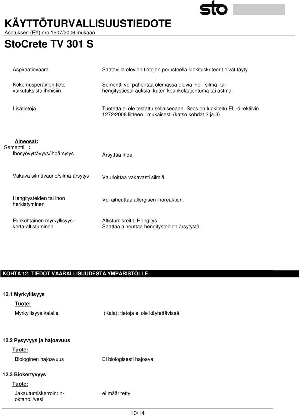 Seos on luokiteltu EU-direktiivin 1272/2008 liitteen I mukaisesti (katso kohdat 2 ja 3). Aineosat: Sementti : Ihosyövyttävyys/ihoärsytys Ärsyttää ihoa.