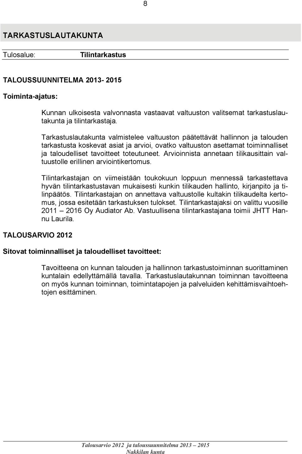 Tarkastuslautakunta valmistelee valtuuston päätettävät hallinnon ja talouden tarkastusta koskevat asiat ja arvioi, ovatko valtuuston asettamat toiminnalliset ja taloudelliset tavoitteet toteutuneet.