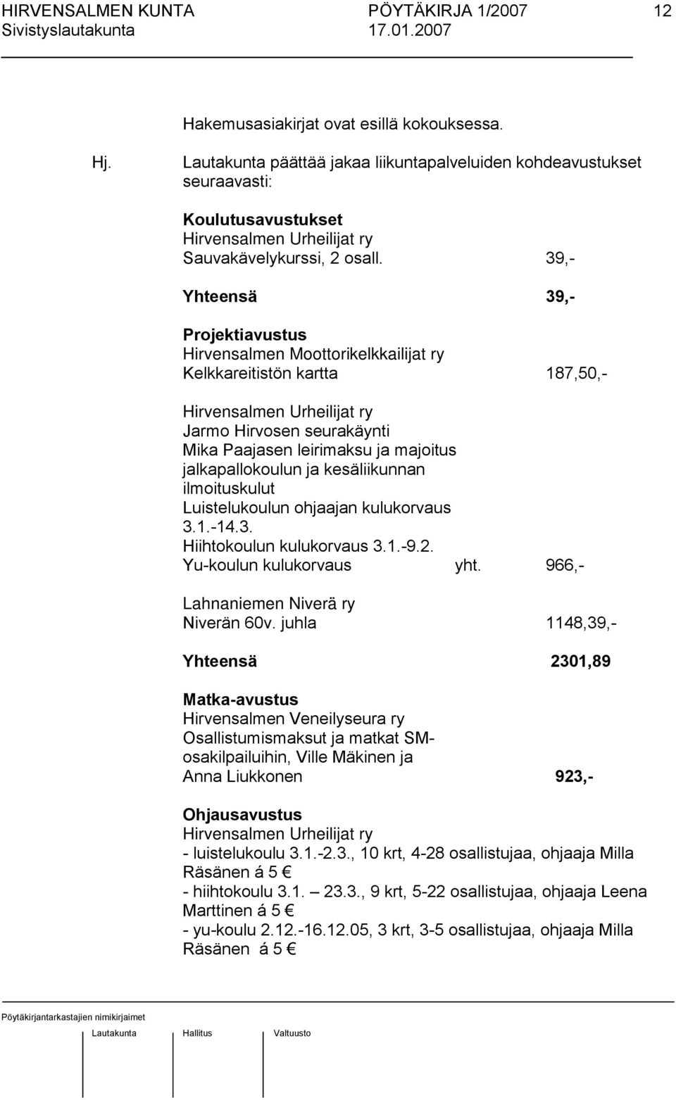 jalkapallokoulun ja kesäliikunnan ilmoituskulut Luistelukoulun ohjaajan kulukorvaus 3.1.-14.3. Hiihtokoulun kulukorvaus 3.1.-9.2. Yu-koulun kulukorvaus yht. 966,- Lahnaniemen Niverä ry Niverän 60v.