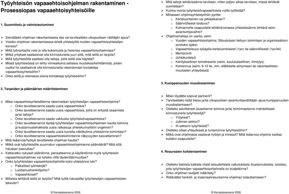 Voisiko ohjelman rakentamisessa tehdä yhteistyötä muiden vapaaehtoisyhteisöjen kanssa? Millä työnantajilla voisi jo olla kokemusta ja historiaa vapaaehtoisohjelmissa?