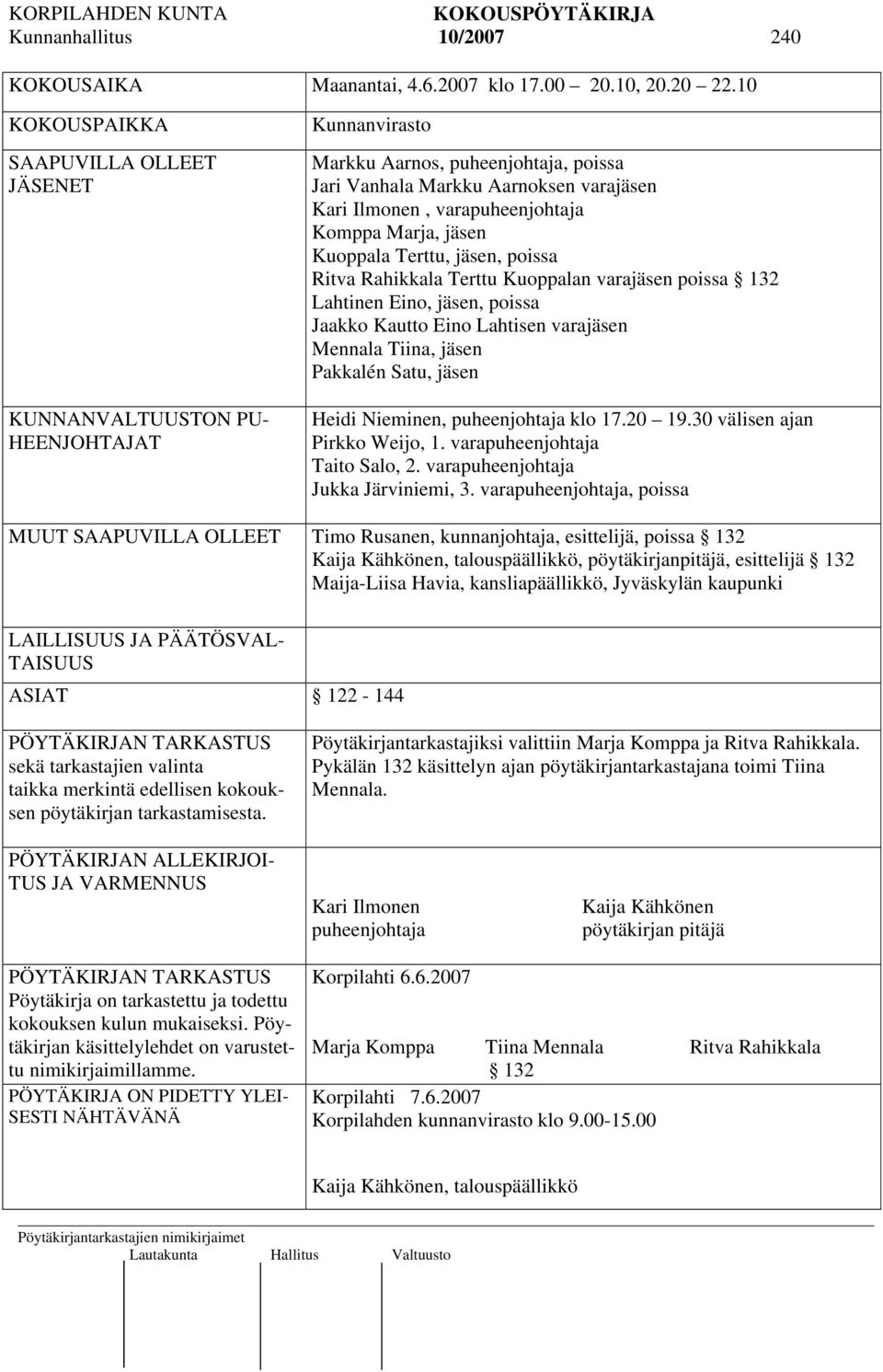 Komppa Marja, jäsen Kuoppala Terttu, jäsen, poissa Ritva Rahikkala Terttu Kuoppalan varajäsen poissa 132 Lahtinen Eino, jäsen, poissa Jaakko Kautto Eino Lahtisen varajäsen Mennala Tiina, jäsen