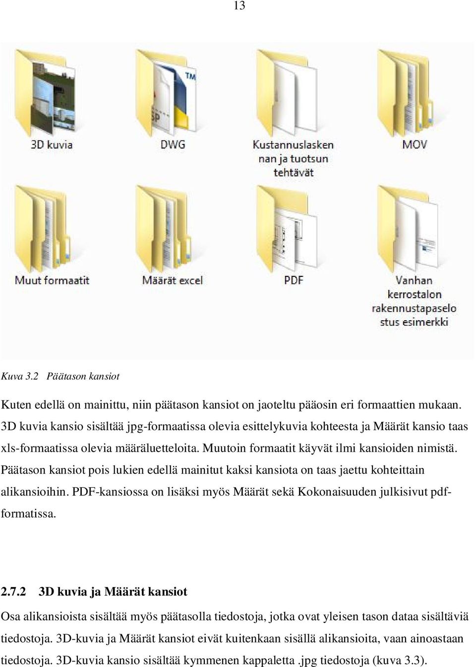 Päätason kansiot pois lukien edellä mainitut kaksi kansiota on taas jaettu kohteittain alikansioihin. PDF-kansiossa on lisäksi myös Määrät sekä Kokonaisuuden julkisivut pdfformatissa. 2.7.