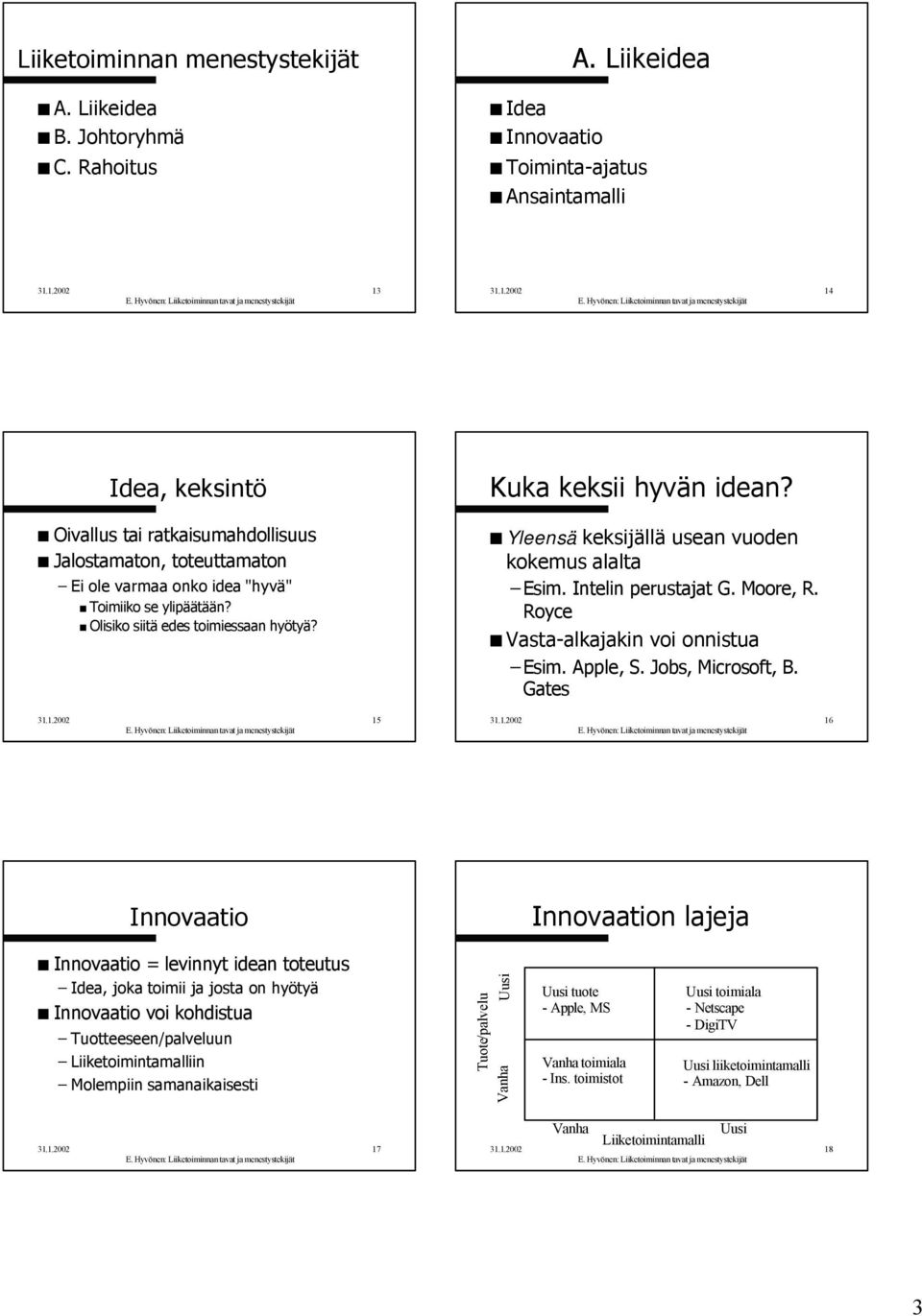 Olisiko siitä edes toimiessaan hyötyä? Kuka keksii hyvän idean? Yleensä keksijällä usean vuoden kokemus alalta Esim. Intelin perustajat G. Moore, R. Royce Vasta-alkajakin voi onnistua Esim. Apple, S.