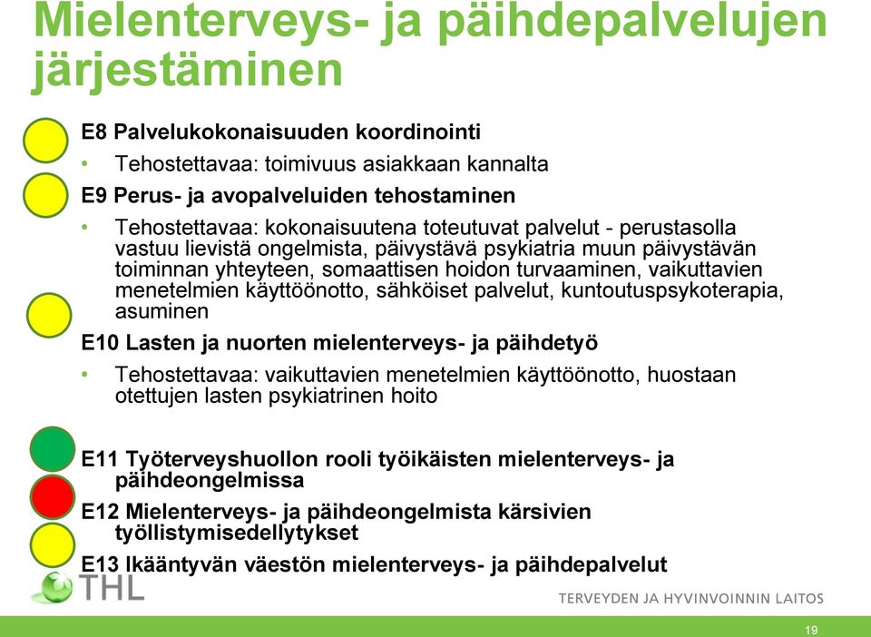 käyttöönotto, sähköiset palvelut, kuntoutuspsykoterapia, asuminen E10 Lasten ja nuorten mielenterveys- ja päihdetyö Tehostettavaa: vaikuttavien menetelmien käyttöönotto, huostaan otettujen lasten