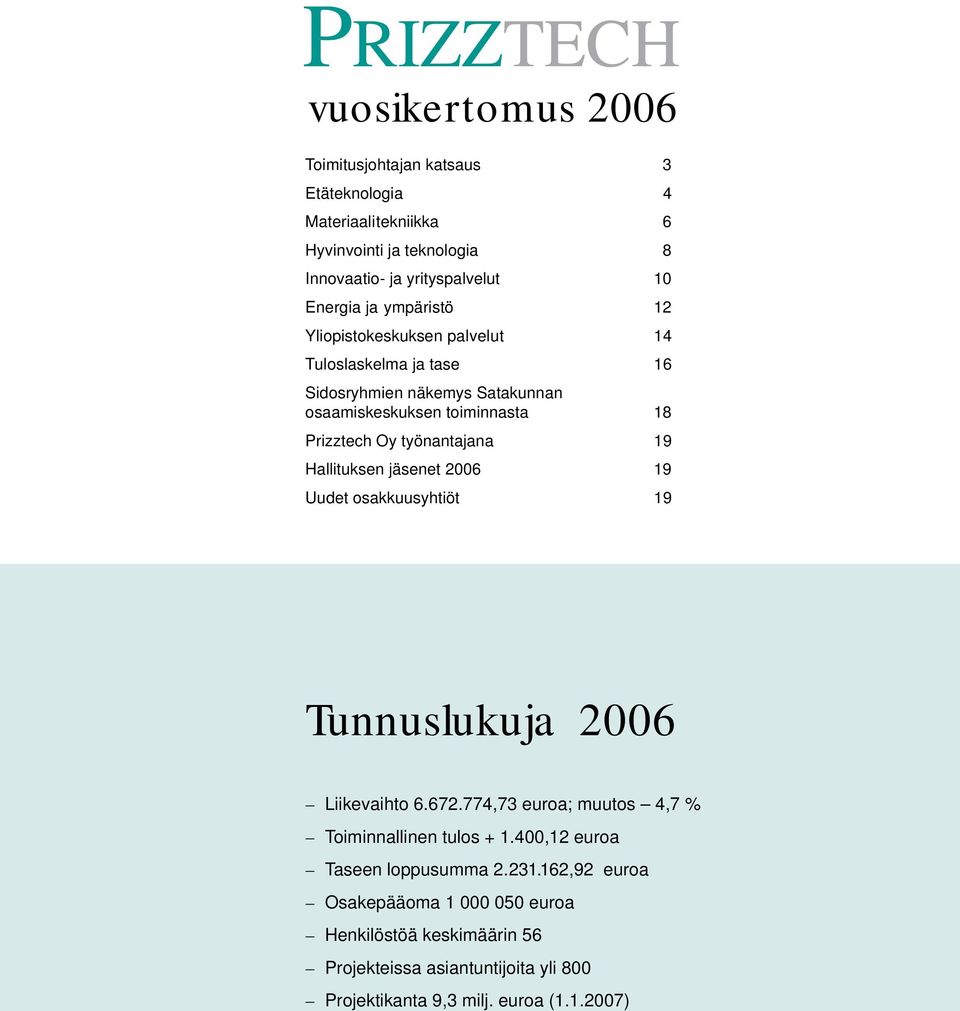 19 Hallituksen jäsenet 2006 19 Uudet osakkuusyhtiöt 19 Tunnuslukuja 2006 Liikevaihto 6.672.774,73 euroa; muutos 4,7 % Toiminnallinen tulos + 1.