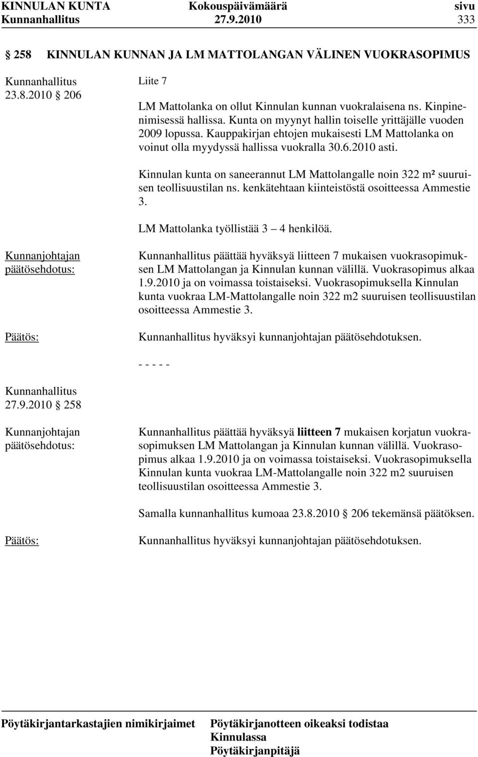 Kinnulan kunta on saneerannut LM Mattolangalle noin 322 m² suuruisen teollisuustilan ns. kenkätehtaan kiinteistöstä osoitteessa Ammestie 3. LM Mattolanka työllistää 3 4 henkilöä.