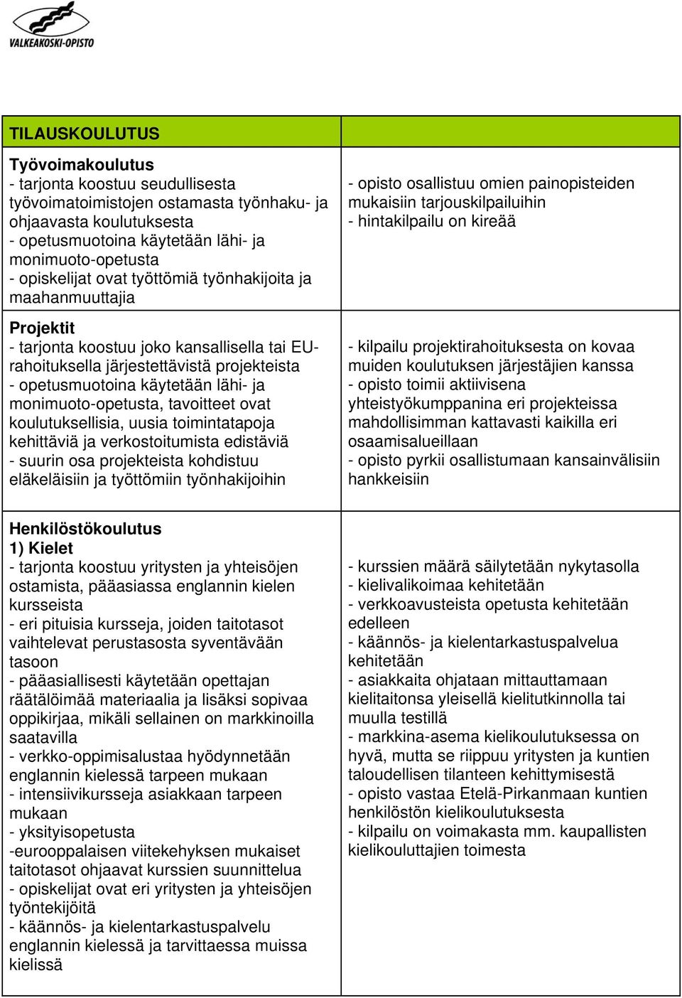 monimuoto-opetusta, tavoitteet ovat koulutuksellisia, uusia toimintatapoja kehittäviä ja verkostoitumista edistäviä - suurin osa projekteista kohdistuu eläkeläisiin ja työttömiin työnhakijoihin -