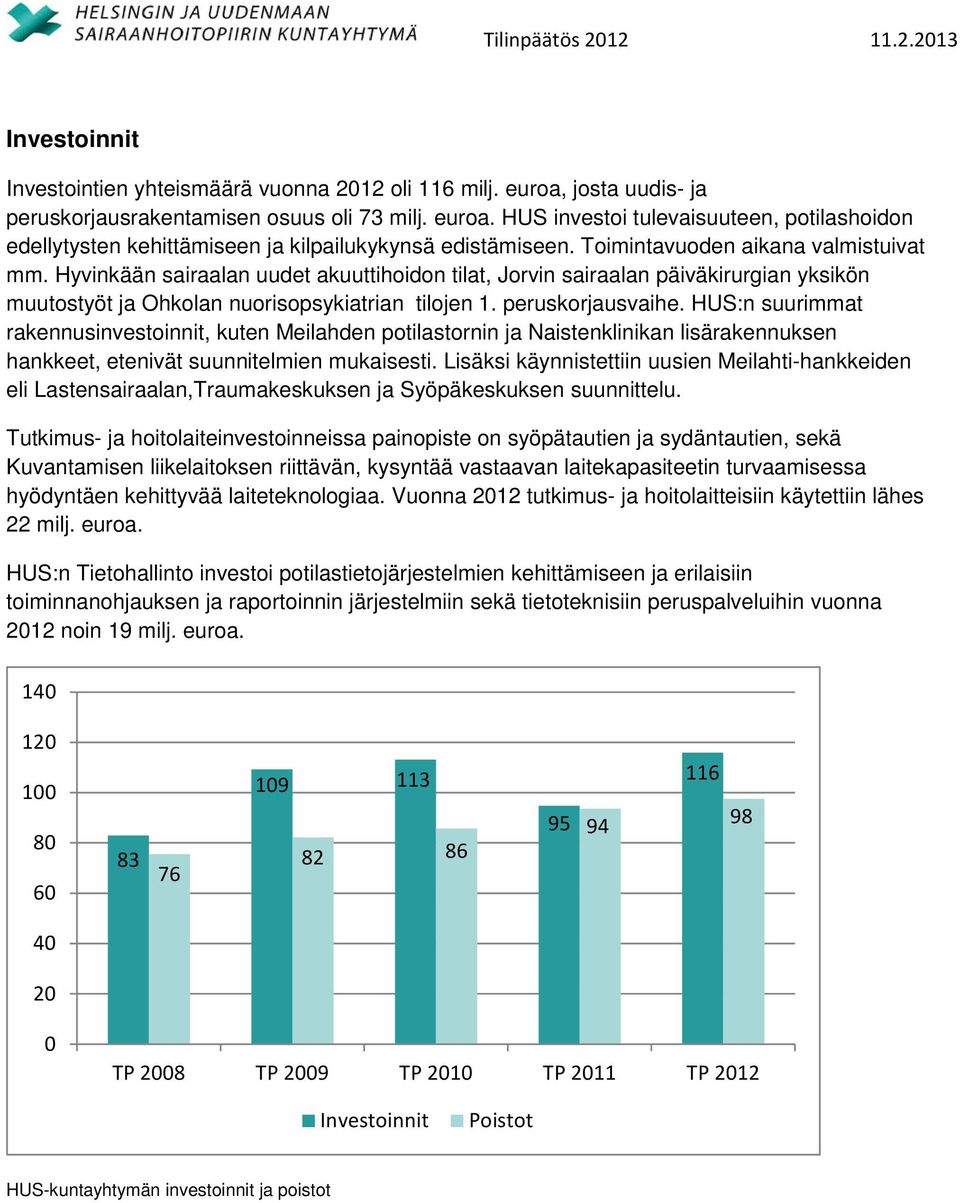 HUS:n suurimmat rakennusinvestoinnit, kuten Meilahden potilastornin ja Naistenklinikan lisärakennuksen hankkeet, etenivät suunnitelmien mukaisesti.