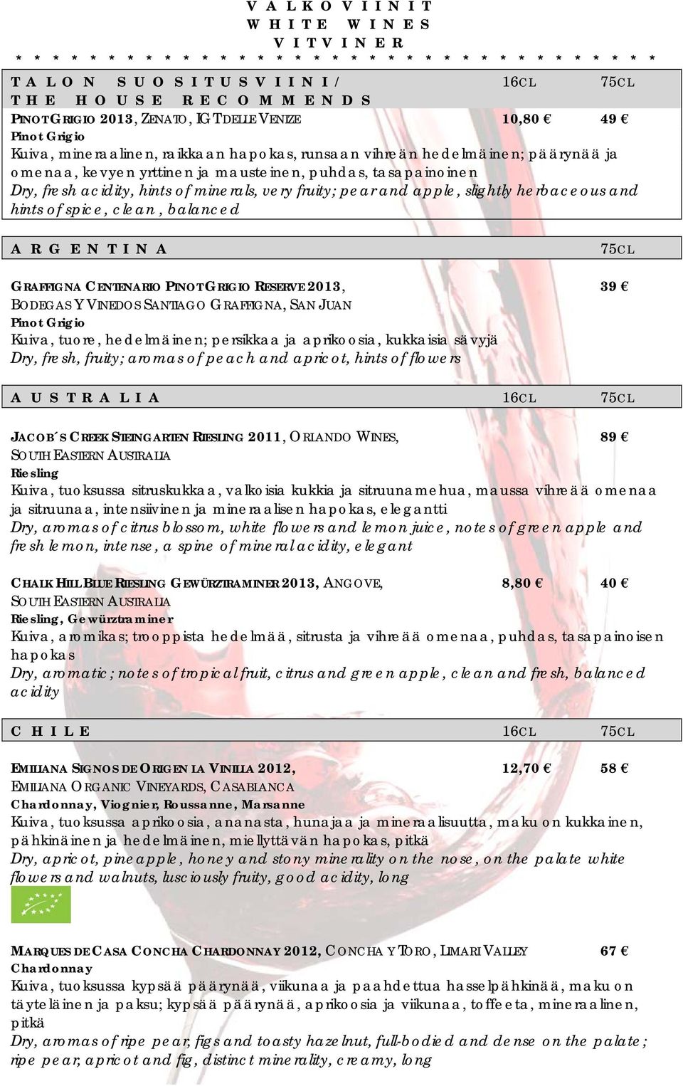 fruity; pear and apple, slightly herbaceous and hints of spice, clean, balanced A R G E N T I N A 75CL GRAFFIGNA CENTENARIO PINOT GRIGIO RESERVE 2013, 39 BODEGAS Y VINEDOS SANTIAGO GRAFFIGNA, SAN