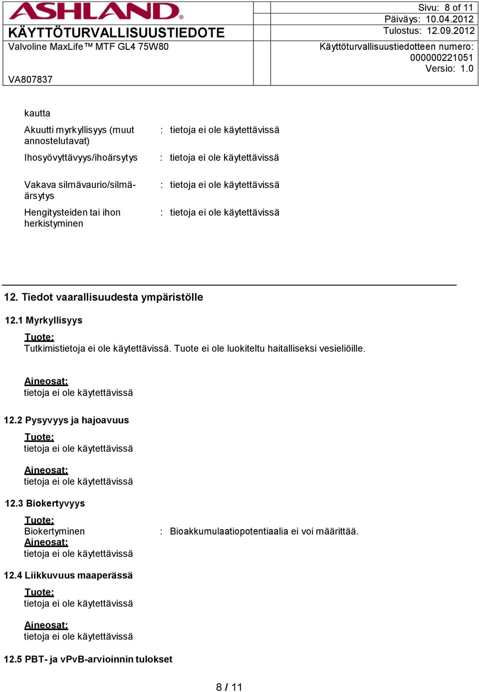 1 Myrkyllisyys Tutkimis. Tuote ei ole luokiteltu haitalliseksi vesieliöille. 12.2 Pysyvyys ja hajoavuus 12.