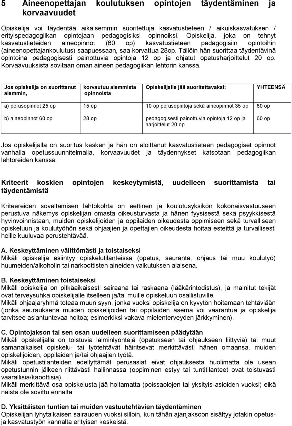 Tällöin hän suorittaa täydentävinä opintoina pedagogisesti painottuvia opintoja 12 op ja ohjatut opetusharjoittelut 20 op. Korvaavuuksista sovitaan oman aineen pedagogiikan lehtorin kanssa.