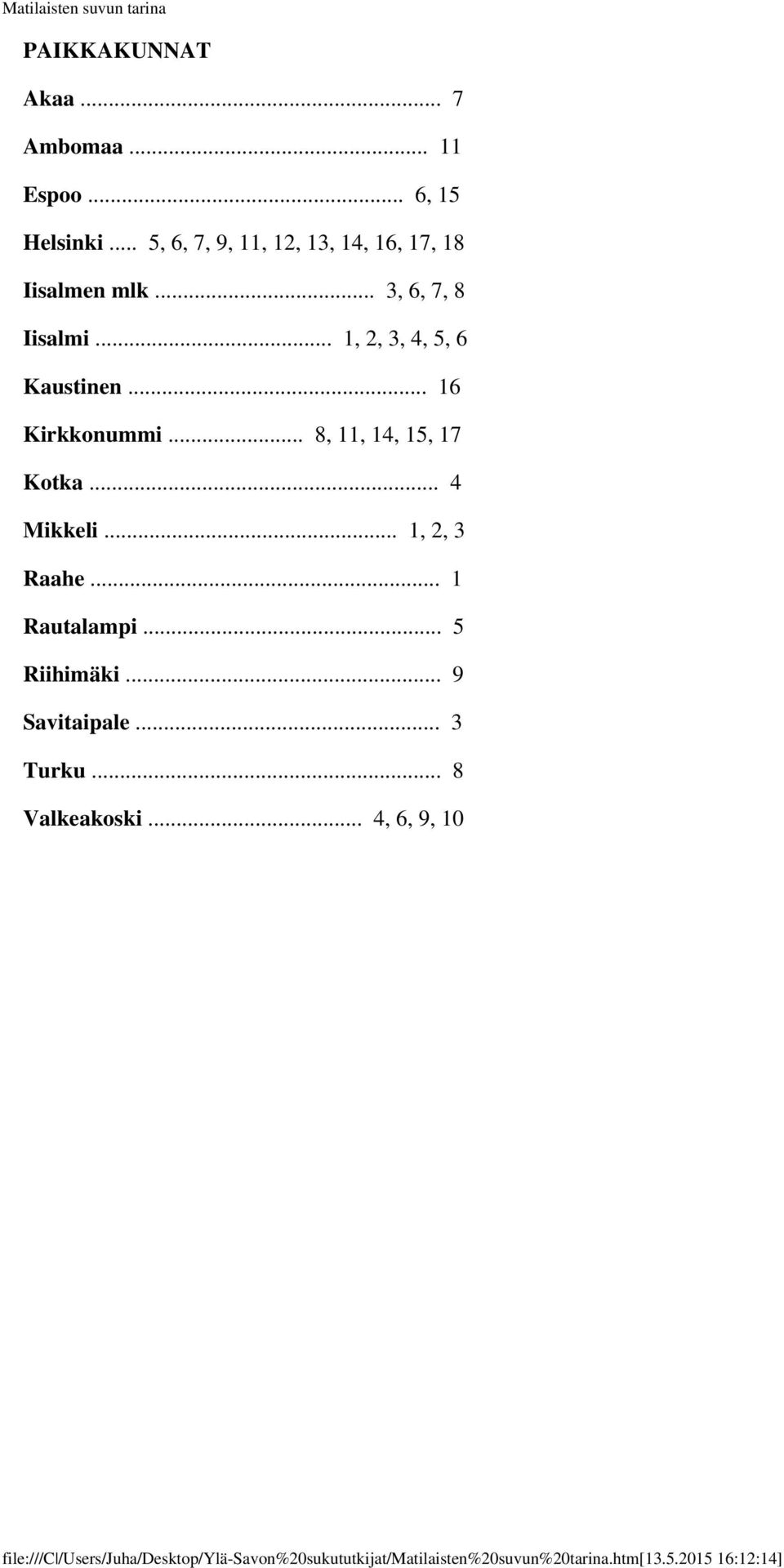 .. 1, 2, 3, 4, 5, 6 Kaustinen... 16 Kirkkonummi... 8, 11, 14, 15, 17 Kotka.