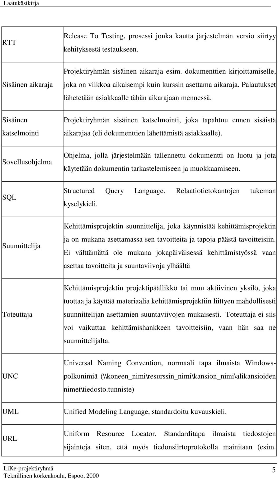 Sisäinen katselmointi Projektiryhmän sisäinen katselmointi, joka tapahtuu ennen sisäistä aikarajaa (eli dokumenttien lähettämistä asiakkaalle).