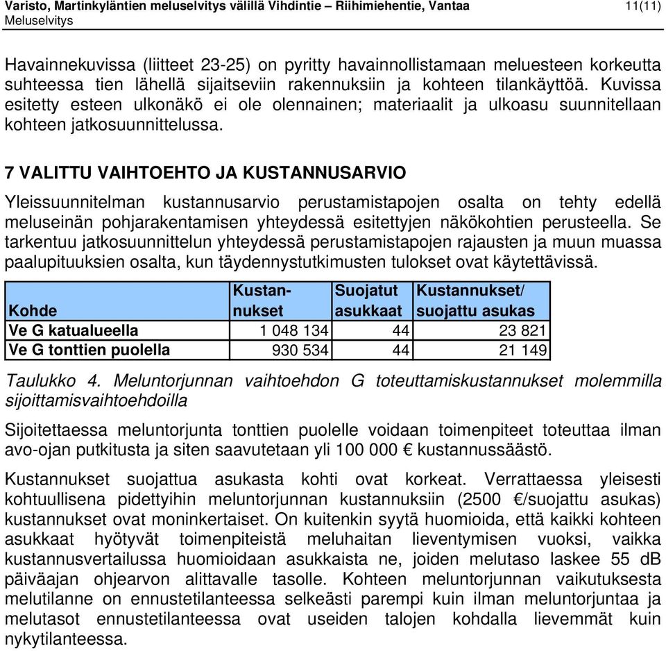 7 VALITTU VAIHTOEHTO JA KUSTANNUSARVIO Yleissuunnielan usannusarvio perusaisapojen osala on ehy edellä eluseinän pohjaraenaisen yheydessä esieyjen näöohien peruseella.