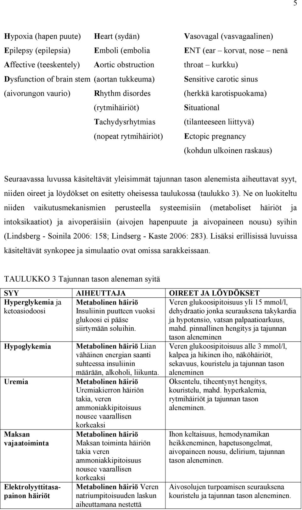 rytmihäiriöt) Ectopic pregnancy (kohdun ulkoinen raskaus) Seuraavassa luvussa käsiteltävät yleisimmät tajunnan tason alenemista aiheuttavat syyt, niiden oireet ja löydökset on esitetty oheisessa