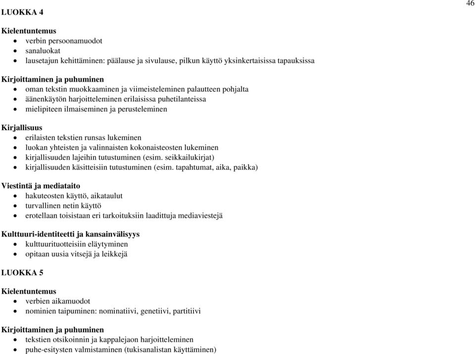 valinnaisten kokonaisteosten lukeminen kirjallisuuden lajeihin tutustuminen (esim. seikkailukirjat) kirjallisuuden käsitteisiin tutustuminen (esim.