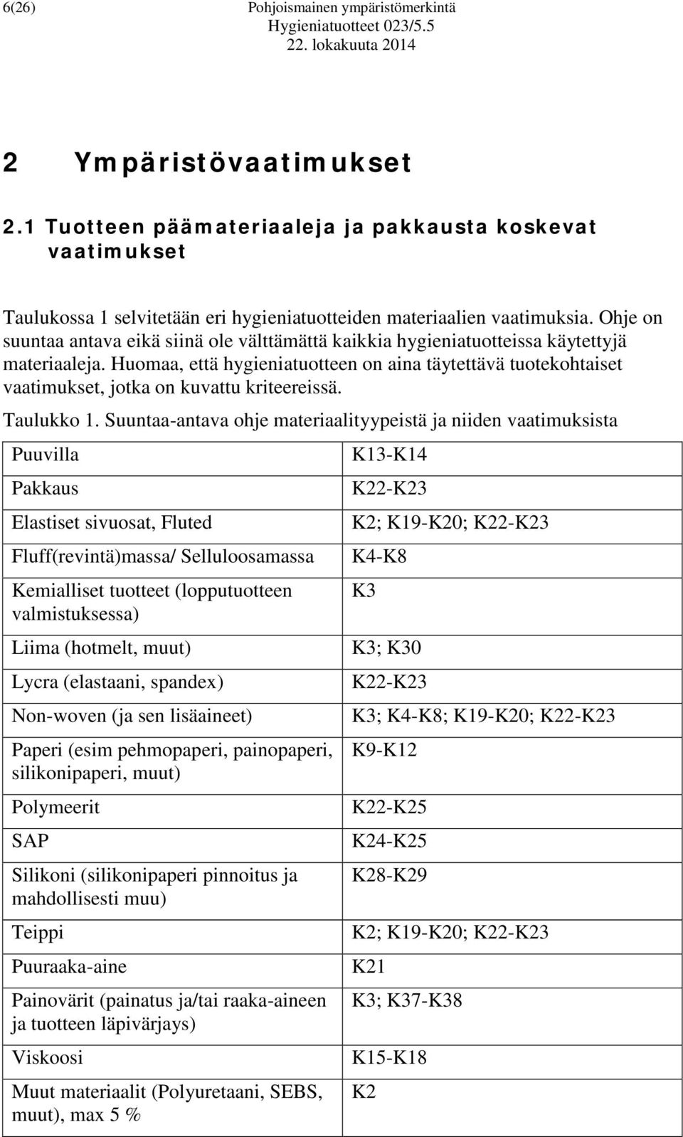 Huomaa, että hygieniatuotteen on aina täytettävä tuotekohtaiset vaatimukset, jotka on kuvattu kriteereissä. Taulukko 1.