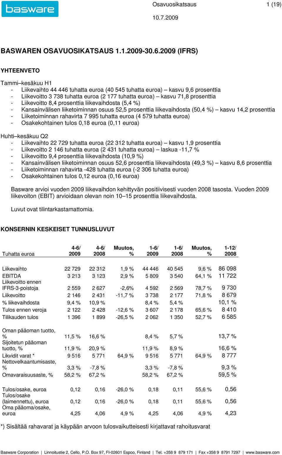 Liikevoitto 8,4 prosenttia liikevaihdosta (5,4 ) - Kansainvälisen liiketoiminnan osuus 52,5 prosenttia liikevaihdosta (50,4 ) kasvu 14,2 prosenttia - Liiketoiminnan rahavirta 7 995 tuhatta euroa (4