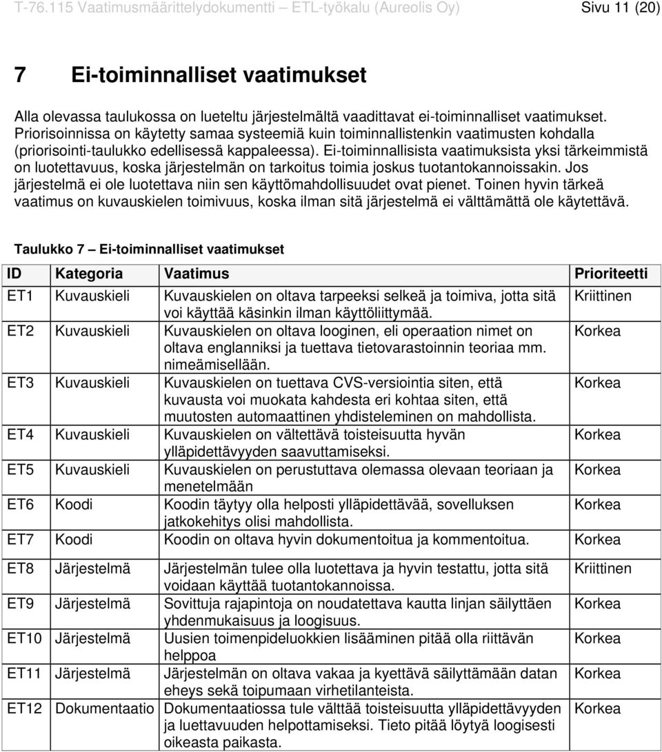 Ei-toiminnallisista vaatimuksista yksi tärkeimmistä on luotettavuus, koska järjestelmän on tarkoitus toimia joskus tuotantokannoissakin.