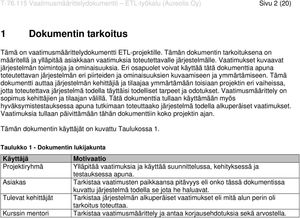 Eri osapuolet voivat käyttää tätä dokumenttia apuna toteutettavan järjestelmän eri piirteiden ja ominaisuuksien kuvaamiseen ja ymmärtämiseen.