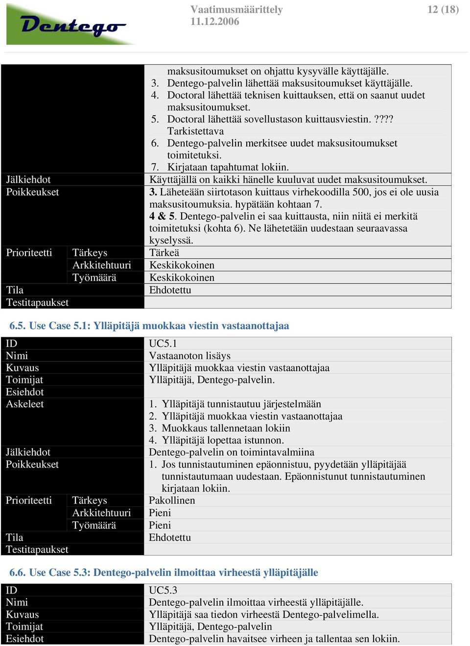 ???? Tarkistettava 6. Dentego-palvelin merkitsee uudet maksusitoumukset toimitetuksi. 7. Kirjataan tapahtumat lokiin. Käyttäjällä on kaikki hänelle kuuluvat uudet maksusitoumukset. 3.