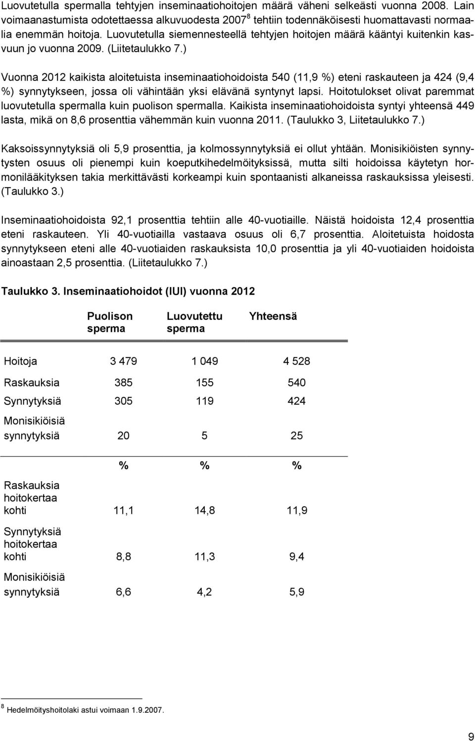 Luovutetulla siemennesteellä tehtyjen hoitojen määrä kääntyi kuitenkin kasvuun jo vuonna 2009. (Liitetaulukko 7.