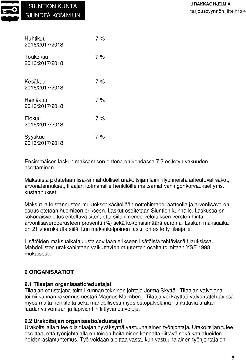 Maksut ja kustannusten muutokset käsitellään nettohintaperiaatteella ja arvonlisäveron osuus otetaan huomioon erikseen. Laskut osoitetaan Siuntion kunnalle.